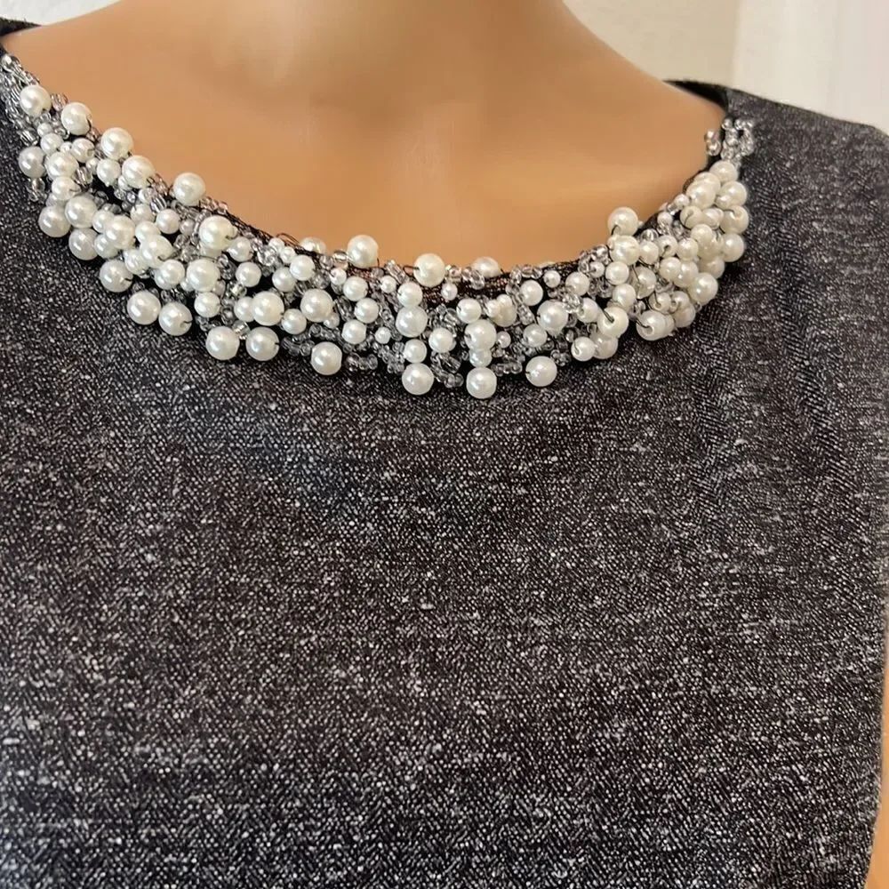 Dress Barn Size 6 Dress Gray Mini Pearl Beaded Scoop Neck Sleeveless Slimming - Picture 3 of 12